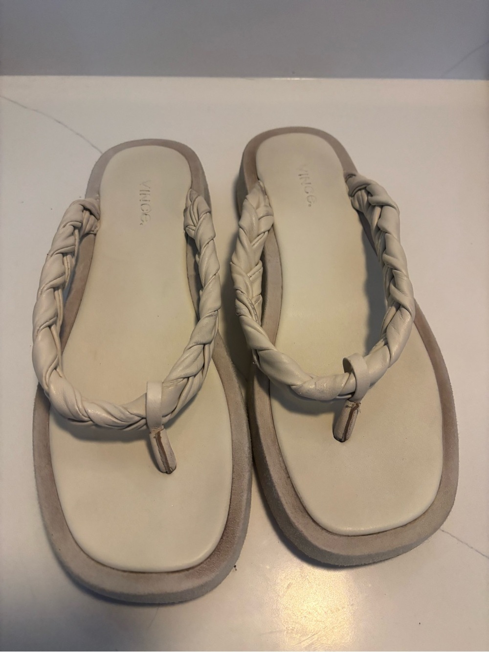 Vince Nita Braided Leather Thong Sandals in Cream and Tan